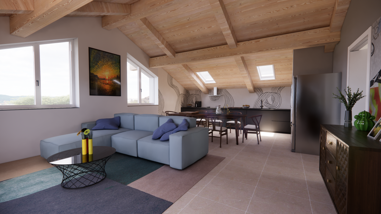 Render zona giorno con cucina a vista