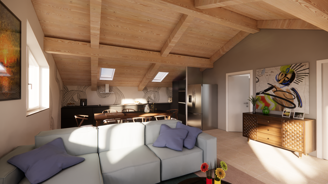 Render zona giorno con cucina a vista